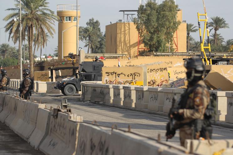 Iraqi counter-terrorism forces stand guard in front of the US embassy in the capital Baghdad on January 2, 2020.