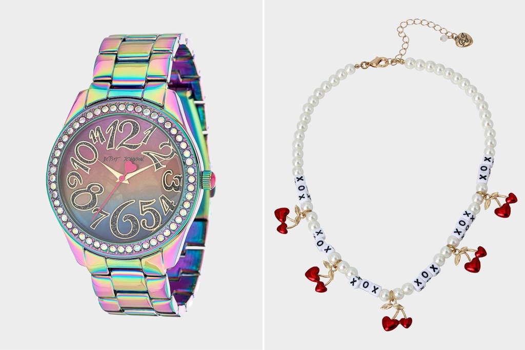 A side by side image of a neon watch with huge numbers and a necklace with cherries on it 