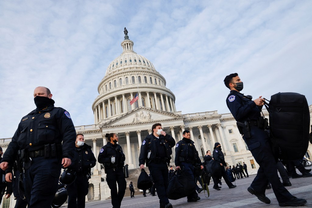 Capitol Police in front of the Capitol on the first anniversary of the attack.