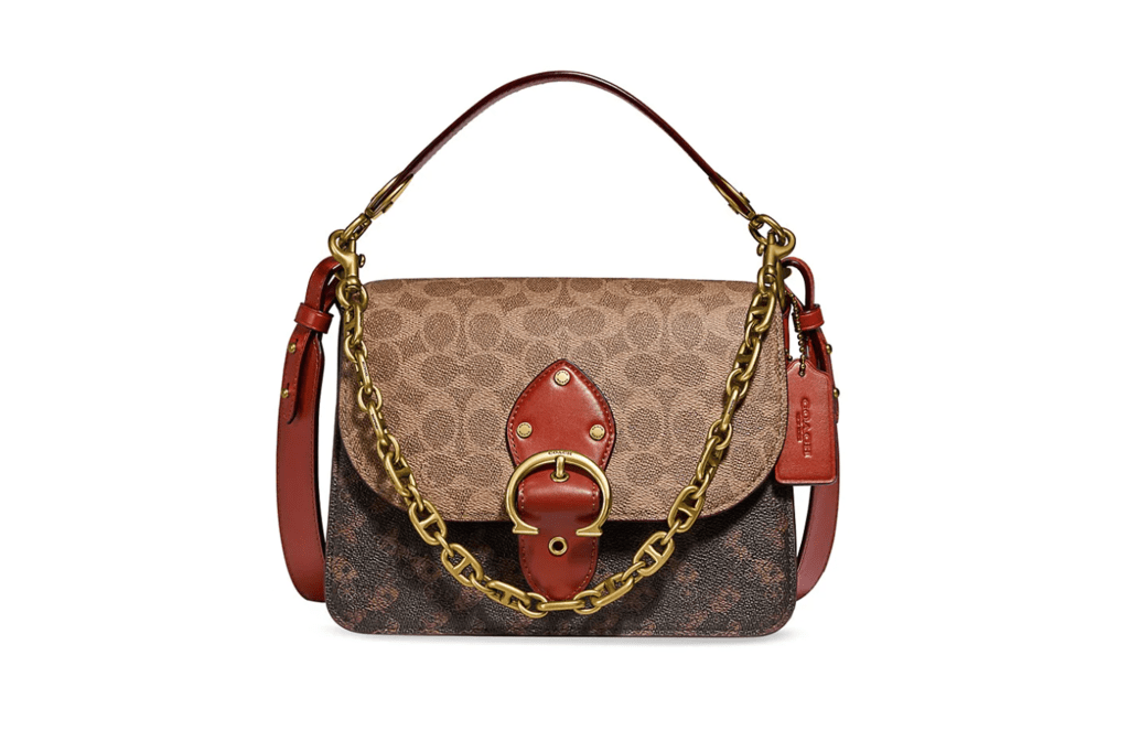 Light and dark brown purse with gold chain across the front