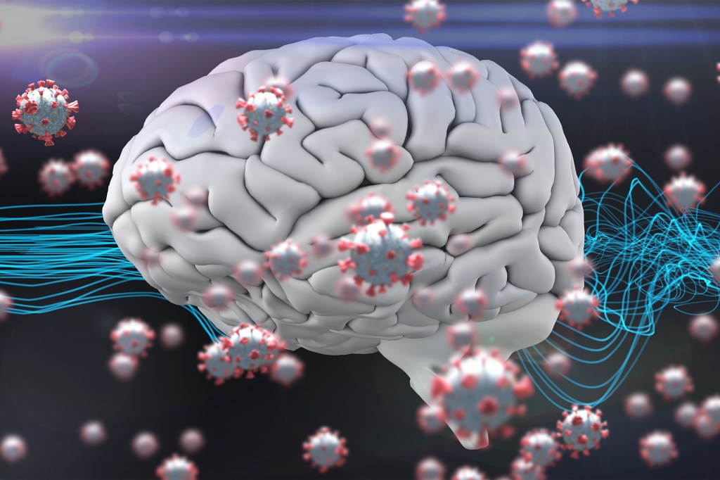 Digital illustration of macro Covid-19 cells floating over a human brain.