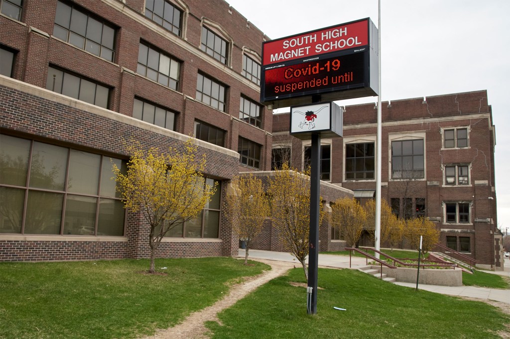 An electronic sign at South High Magnet School in Omaha, Nebraska.