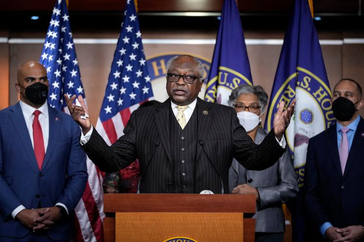 Standing with fellow members of the Congressional Black Caucus, Rep. James Clyburn (D-SC) speaks during a news conference at the US Capitol on January 12.