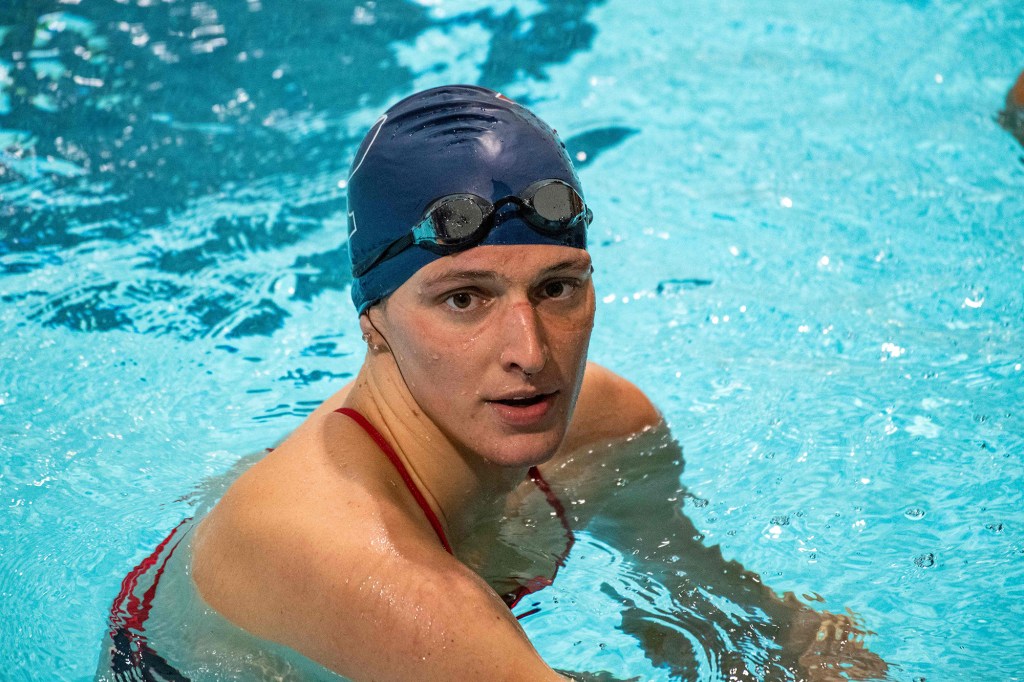 Lia Thomas, a transgender woman, finishes the 200 yard Freestyle for the University of Pennsylvania at an Ivy League swim meet against Harvard University in Cambridge, Massachusetts, on January 22, 2022.