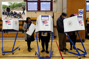 Main: Residents cast their votes on Election Day at J.H.S. 202 Robert H. Goddard school on Tuesday, November 2, 2021 in Queens, N.Y. Inset: Migrants who crossed the Rio Grande river illegally, tied together with handcuffs and sit on the ground after they were apprehended by the U.S. Border Patrols in La Joya, Texas on March 28, 2021