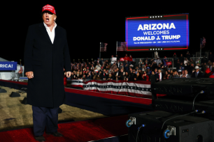 Former President Donald Trump departs after speaking at a rally at the Canyon Moon Ranch festival grounds on January 15, 2022, in Florence, Arizona.