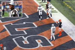 A composite image of Tyler Boyd in the end zone after a controversial touchdown catch and NFL referee Jerome Boger.