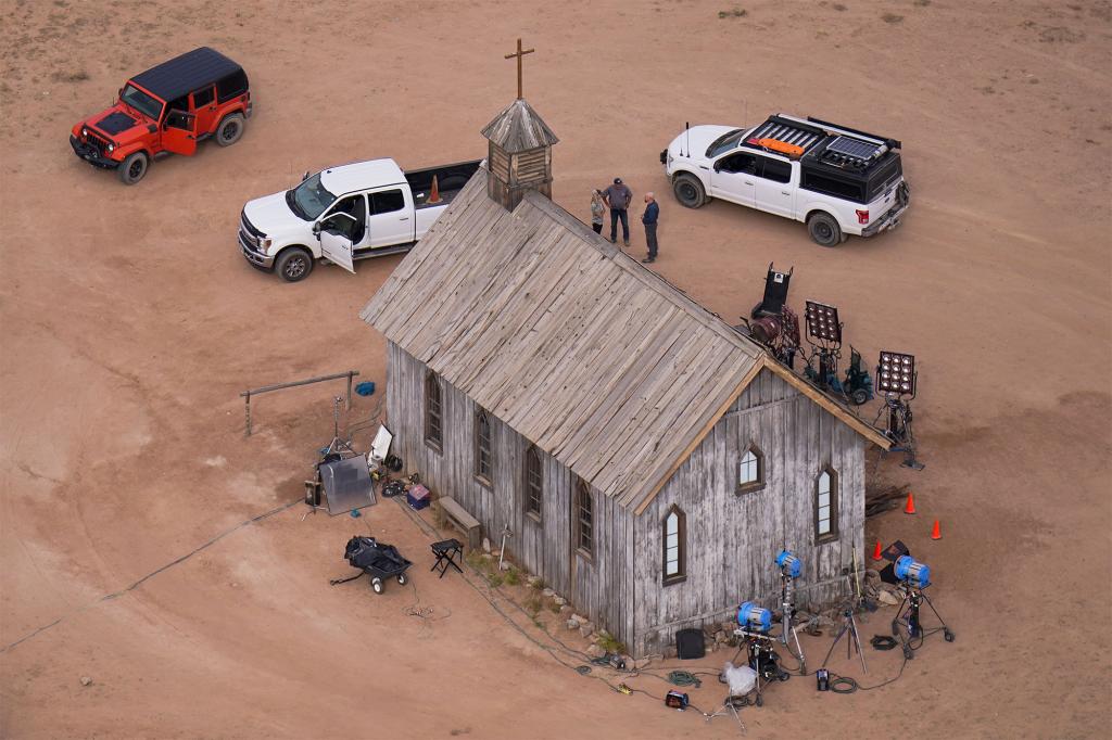 This aerial photo shows a film set at the Bonanza Creek Ranch in Santa Fe, N.M