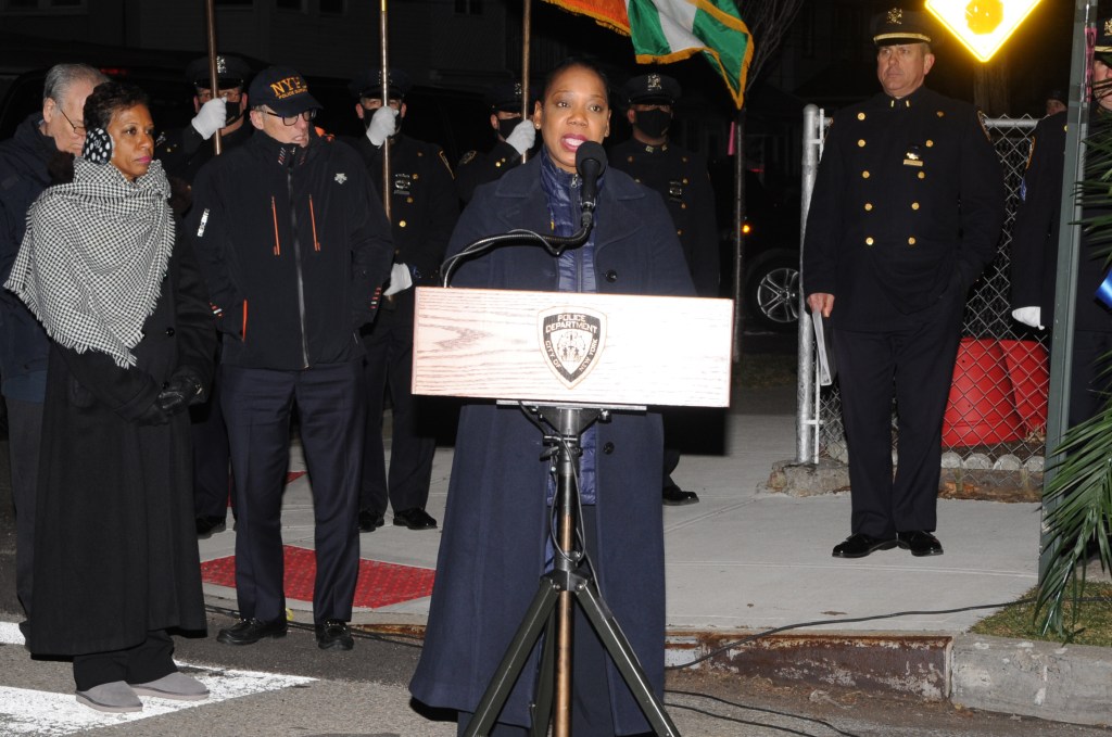 Keechant Sewell, NYPD Commissioner, was in attendance for the hero cop's ceremony at 107th Avenue and Inwood St. in Queens on February 26, 2022.