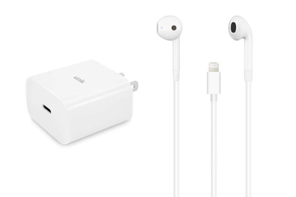 White headphones and a charging cable 