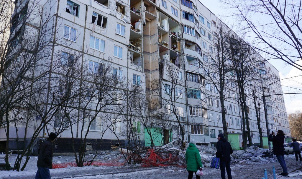 A view shows a residential building damaged by recent shelling in Kharkiv, Ukraine.