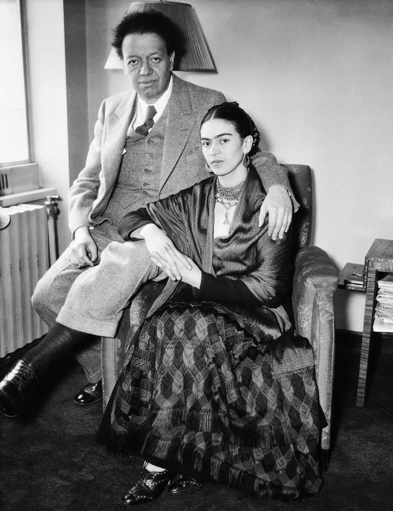 Black and white portrait of artists Diego Rivera and Frida Kahlo