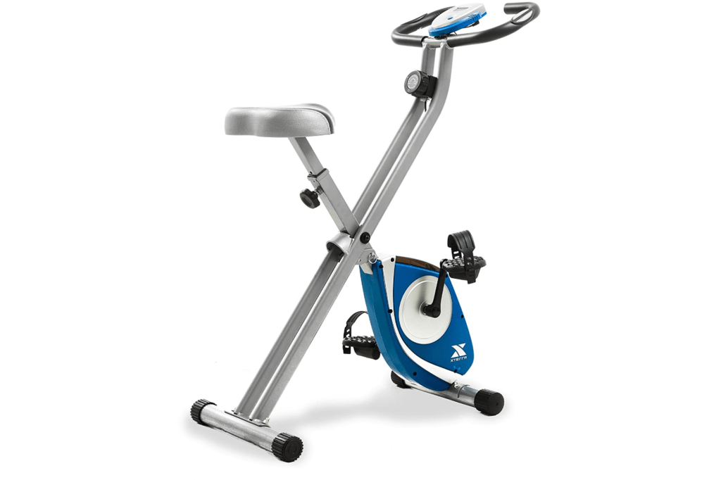 Silver and blue exercise bike