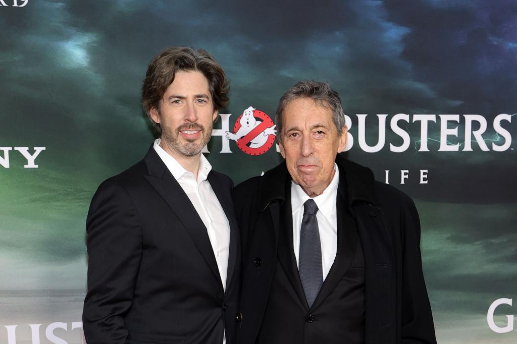 Film director Jason Reitman (L) and father Ivan Reitman attend the "Ghostbusters: Afterlife" New York Premiere.