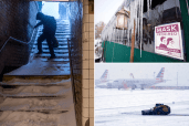 A man carefully walks down the snow-covered subway stairs during a snowstorm in New York City, New York on January 29, 2022.