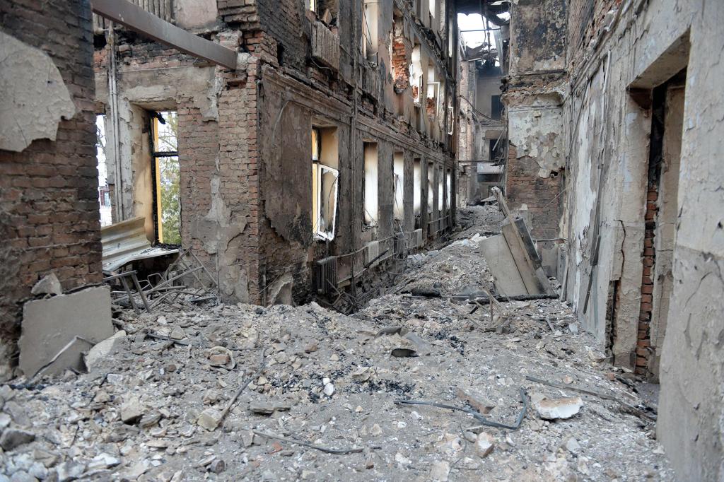 A school destroyed as a result of an attack not far from the center of Ukrainian city of Kharkiv, located some 50 km from Ukrainian-Russian border, on February 28, 2022.