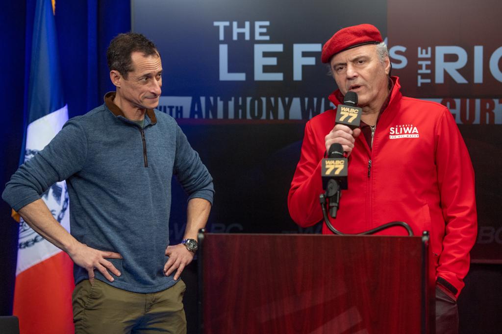 Curtis Sliwa and Anthony Weiner, press conference for their new radio program "Left vs. Right", 77 WABC Radio.