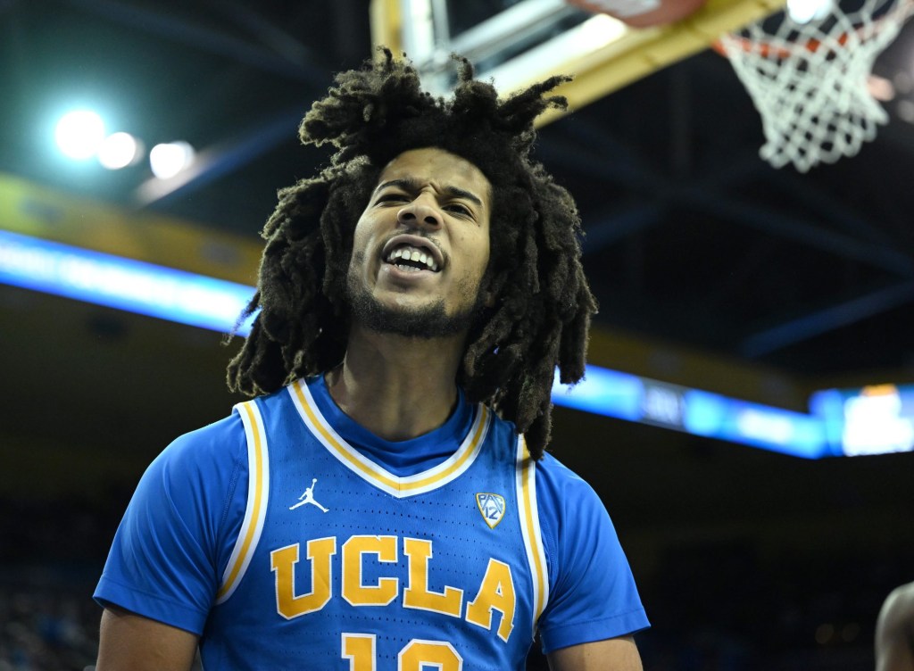 UCLA's Tyger Campbell reacts after he was fouled driving to the basket in the second half against USC at UCLA Pauley Pavilion on March 5, 2022 in Los Angeles.