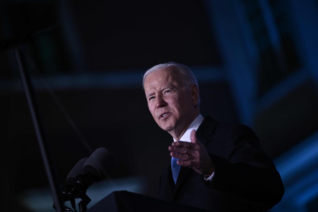 US President Joe Biden delivers a speech at the Royal Castle in Warsaw, Poland.