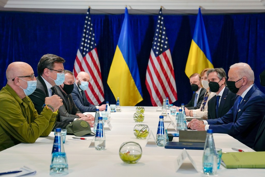 Biden participates in a meeting with Ukrainian Foreign Minister Dmytro Kuleba and Defense Minister Oleksii Reznikov.