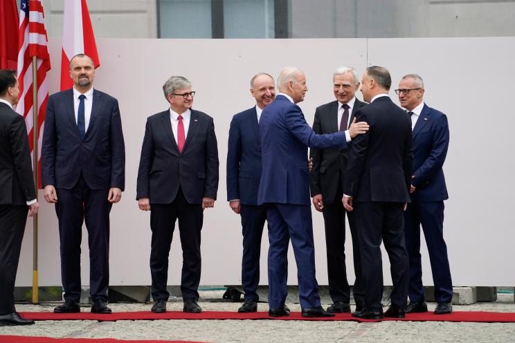 Joe Biden participates in an arrival ceremony with Polish President Andrzej Duda at the Presidential Palace.