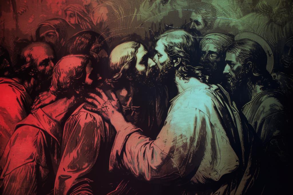 Dramatic biblical scene capturing Judas Iscariot betraying Jesus Christ with a defining kiss, symbolizing the spiritual depth and iconic Christian symbolism.