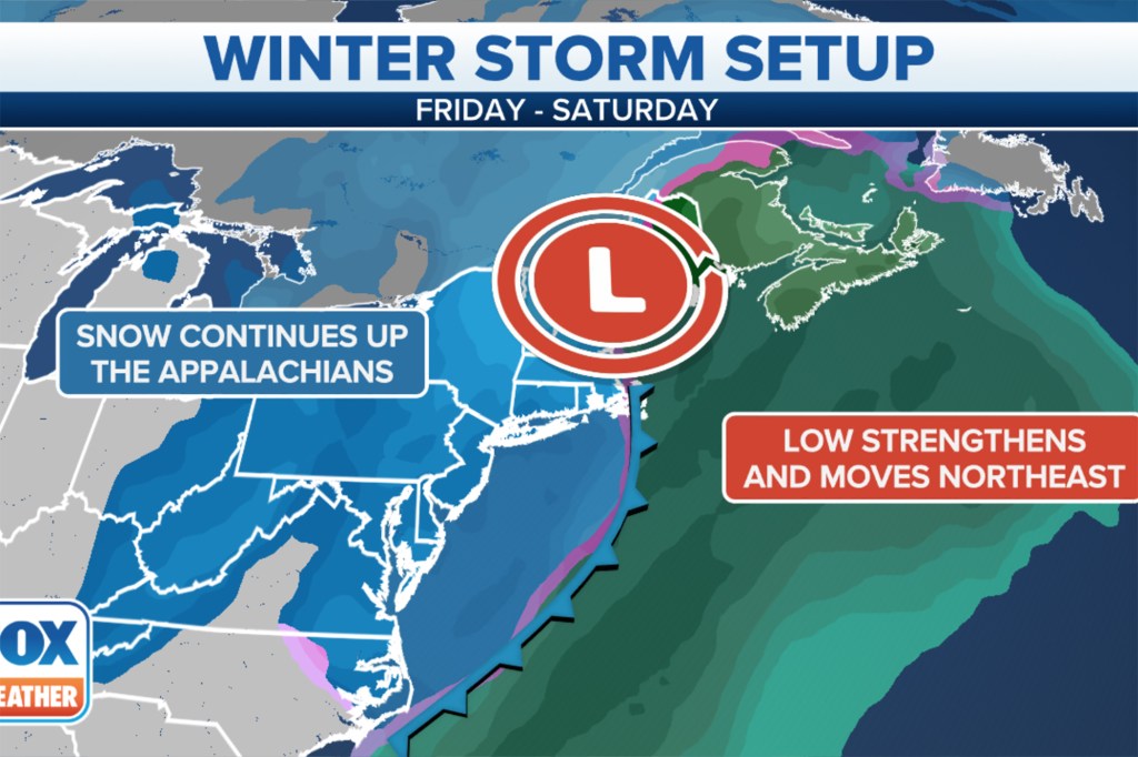 A winter snow storm is quickly approaching the Northeast through the Appalachian mountains.