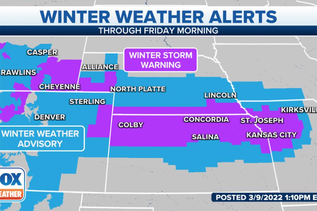 Parts of Colorado, Nebraska and Kansas could expect at least six inches of snow.