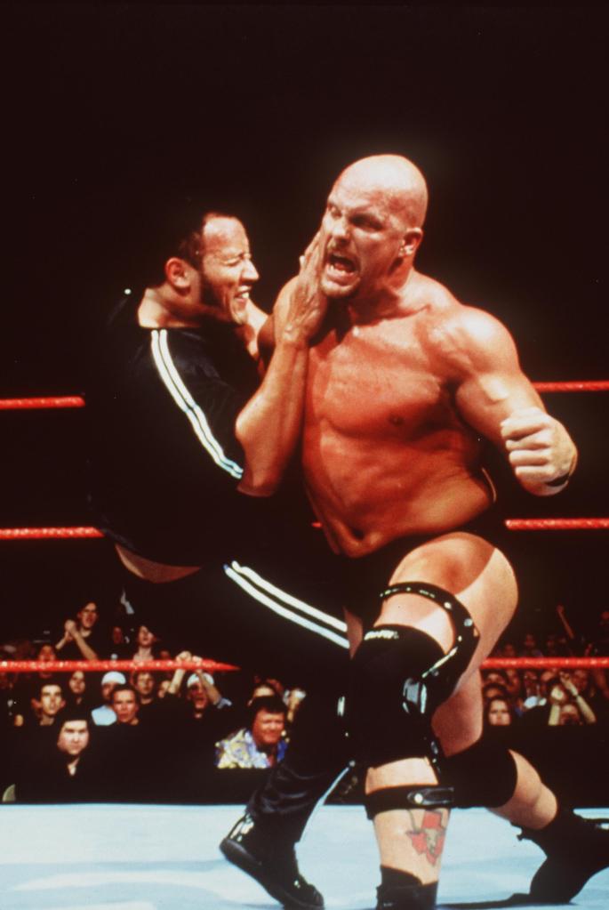 383804 01: The Rock And Stone Cold Steve Austin Star In "Wwf Smackdown." (Photo By Getty Images)