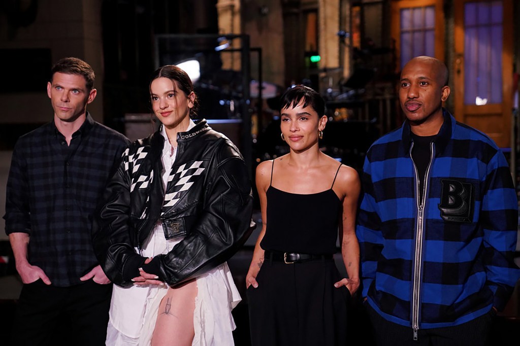  From L-R: Mikey Day, musical guest Rosalía, host Zoë Kravitz, and Chris Redd. 