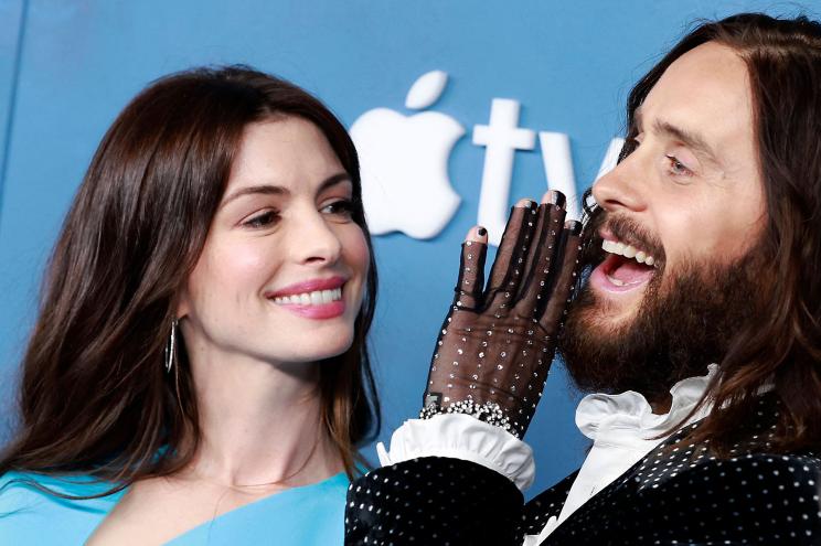 US actors Anne Hathaway (L) and Jared Leto arrive for the premiere of "WeCrashed" held at The Academy Museum in Los Angeles.