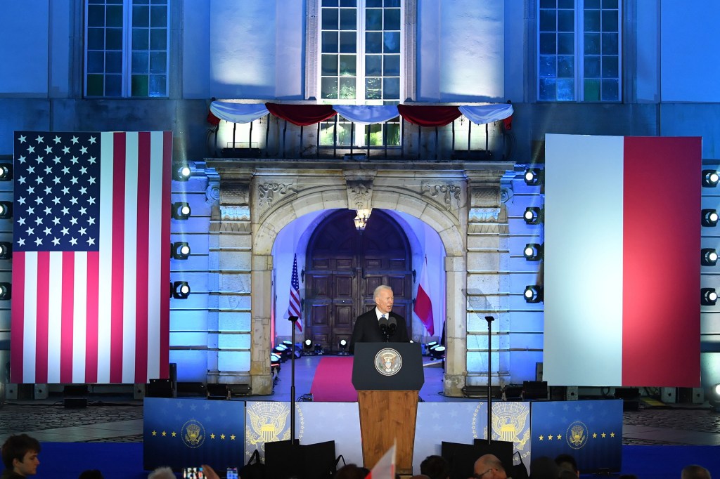 President Biden delivers a speech at the Royal Castle in Warsaw, Poland, on March 26, 2022. 