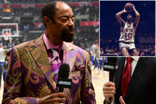 A composite image of Walt Frazier in present day as a broadcaster, left, and as a Knicks player shooting a free throw in 1969.