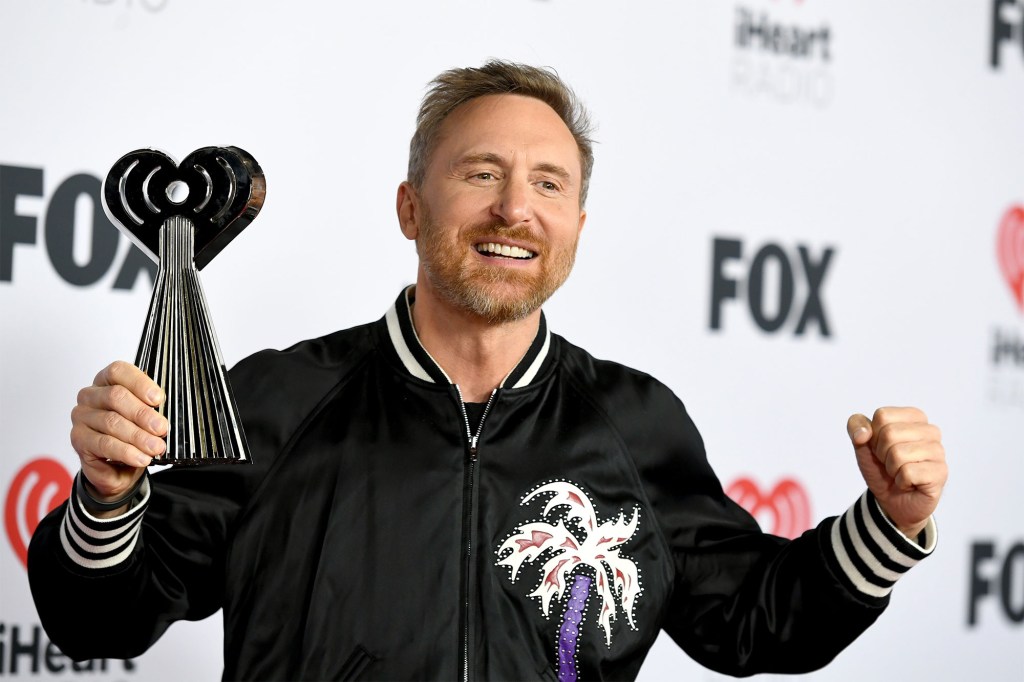 David Guetta, winner of Dance Artist of the Year, poses with his awards at the 2022 iHeartRadio Music Awards.