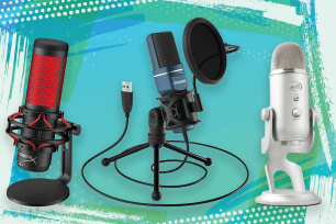 Three mics against a blue background