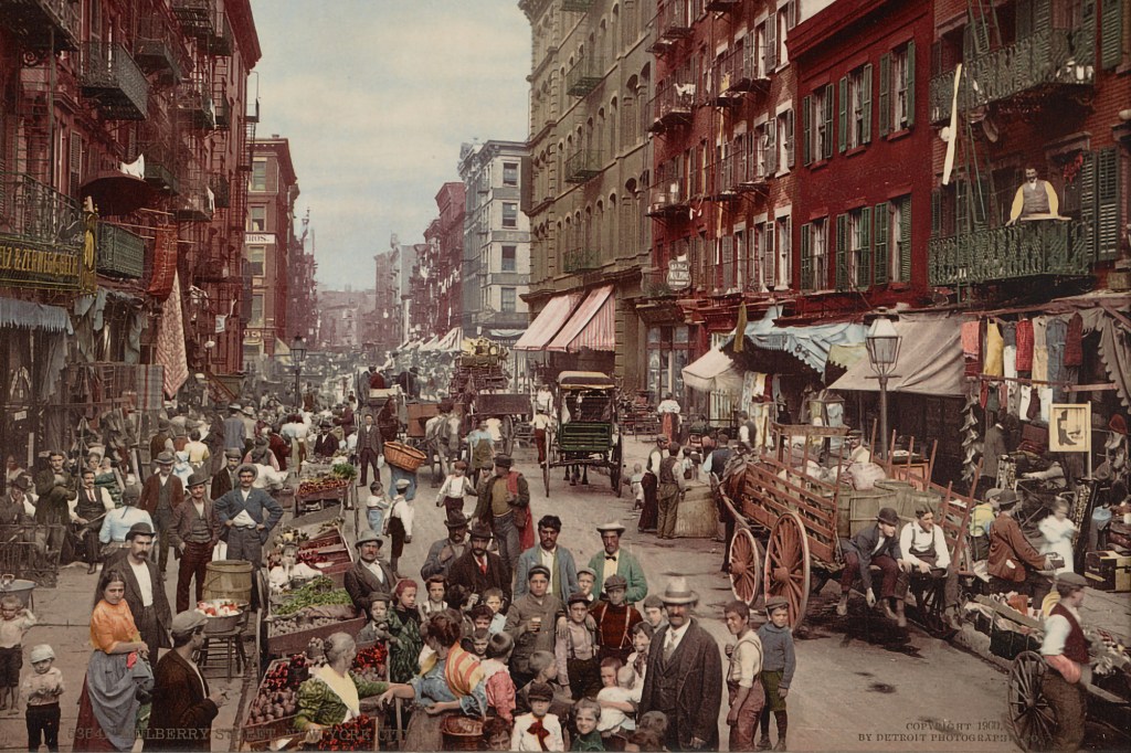 Mulberry Street, the home of Little Italy, in 1900, where many Italians first came to New York and discovered exciting new foods to add to their cuisine.