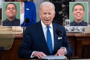 Center: President Joe Biden Left: Slain NYPD officer Wilbert Mora. Right: Slain NYPD officer Jason Rivera