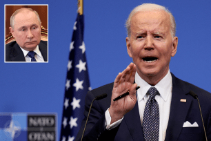 Main: President Joe Biden speaks during a news conference in the framework of a NATO summit amid Russia's invasion of Ukraine, in Brussels, Belgium March 24, 2022. Inset: Russian President Vladimir Putin listens to St. Petersburg's governor Alexander Beglov during their meeting in the Kremlin in Moscow, on March 1, 2022.