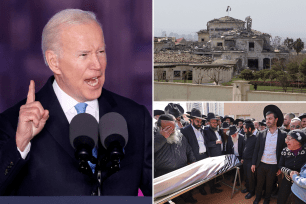 Left: President Joe Biden. Right: Israeli mourners attend the funeral of Avishai Yehezkel, one of the five people killed in yesterdays shooting attack in the religious town of Bnei Brak, on March 30, 2022. Right: View of a damaged building in the aftermath of missile attacks in Erbil, Iraq March 13, 2022.