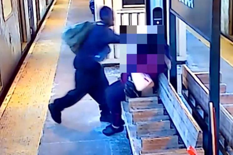 Video surveillance shows man smearing feces on woman at subway stop.