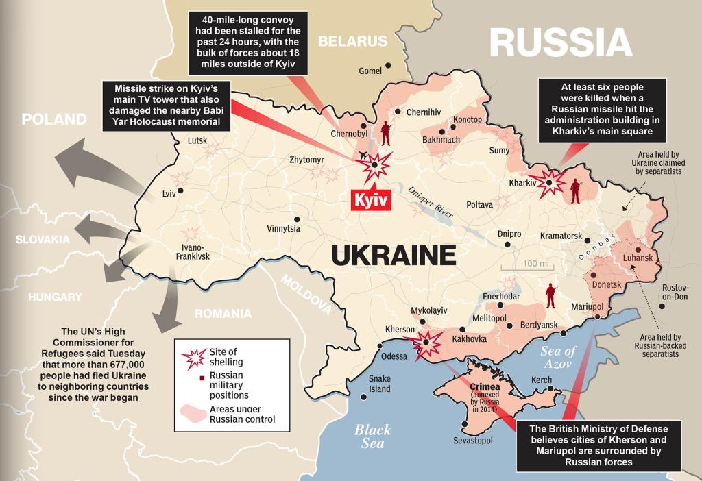 A map show the Russian advance through Ukraine.