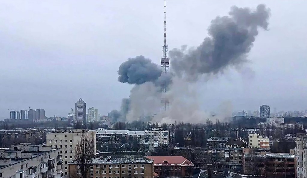 The Kyiv TV tower is attacked by Russian munitions on March 1, 2022.