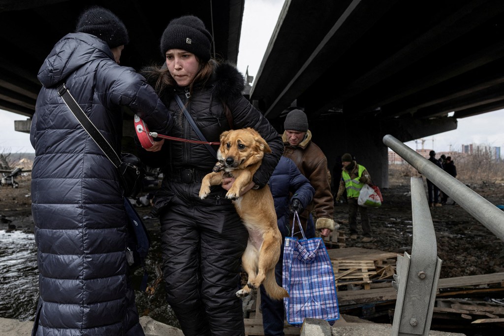 A woman carrying a dog as she evacuates Irpin.