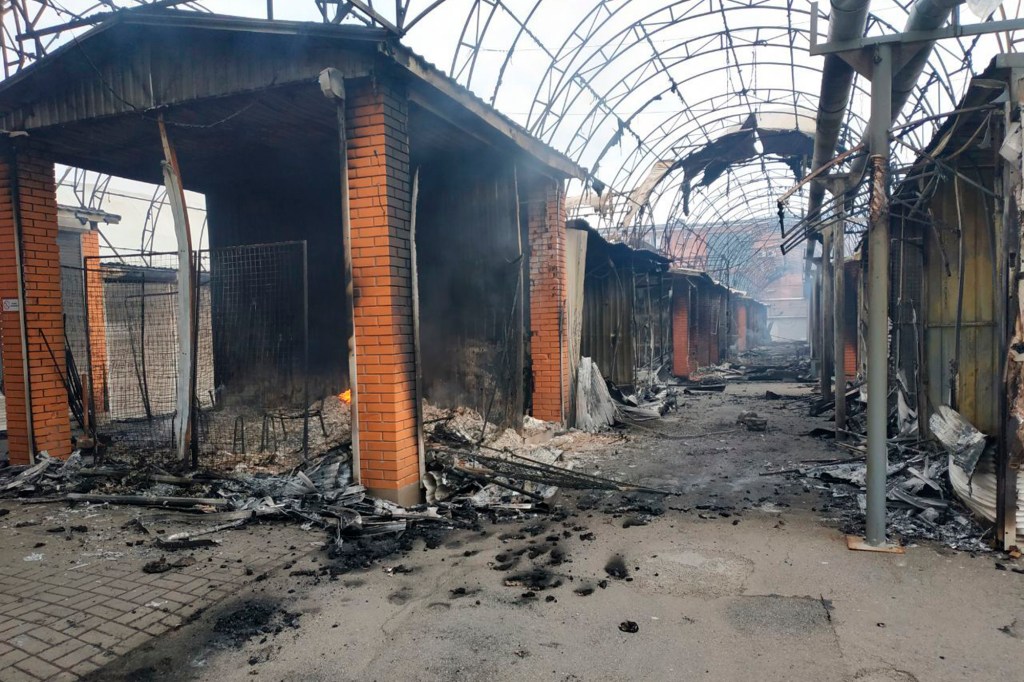 The city market is seen damaged by night shelling in Chernihiv, Ukraine, Wednesday, March 30, 2022. Ukrainian officials say Russian forces pounded areas around Kyiv and another Ukrainian city overnight. The attacks come hours after Moscow pledged to scale back military operations in those places.