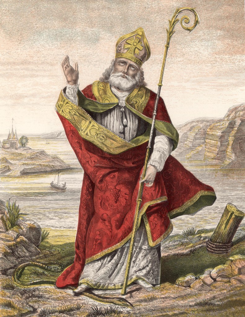 Circa 440 AD, Saint Patrick, born 387 AD possibly in Kilpatrick, Scotland died 17th March 461in Downpatrick, Ireland, who converted much of Ireland from paganism and Druidism to Christianity. He is depicted with his foot on a snake in reference to his expulsion of all (Photo by Archive Photos/Getty Images)