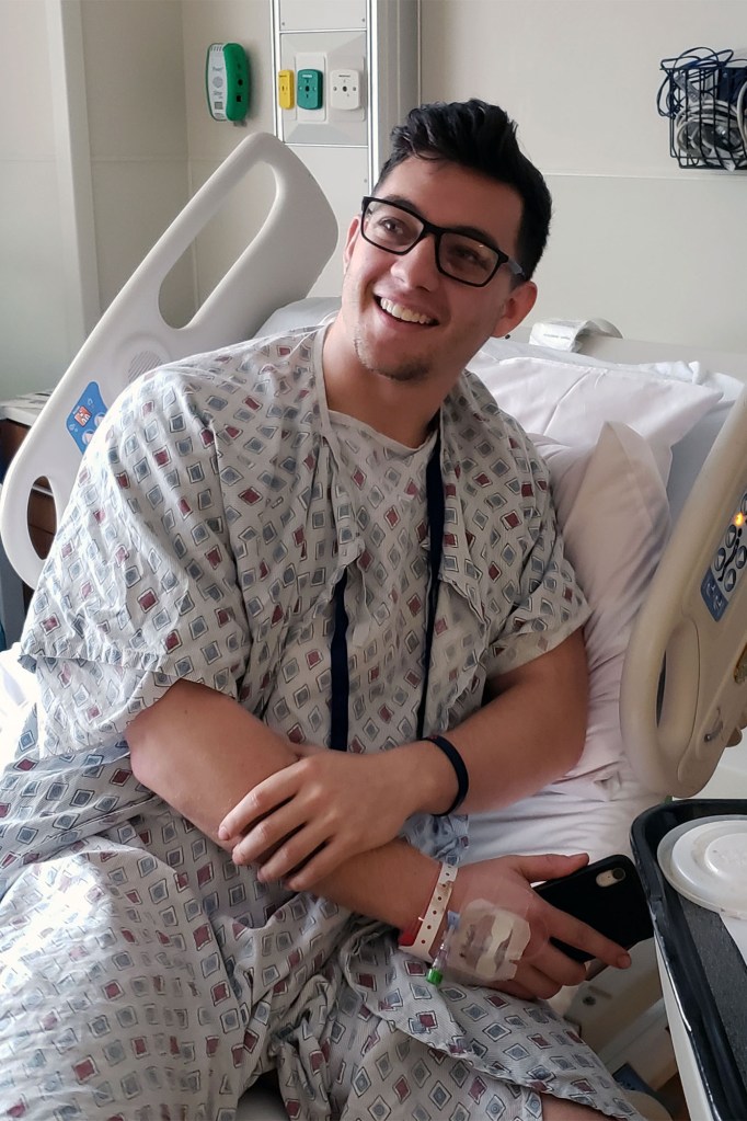 Justin Corpolongo 23, is up and about in his hospital room at New York Presbyterian Hospital in Queens,.