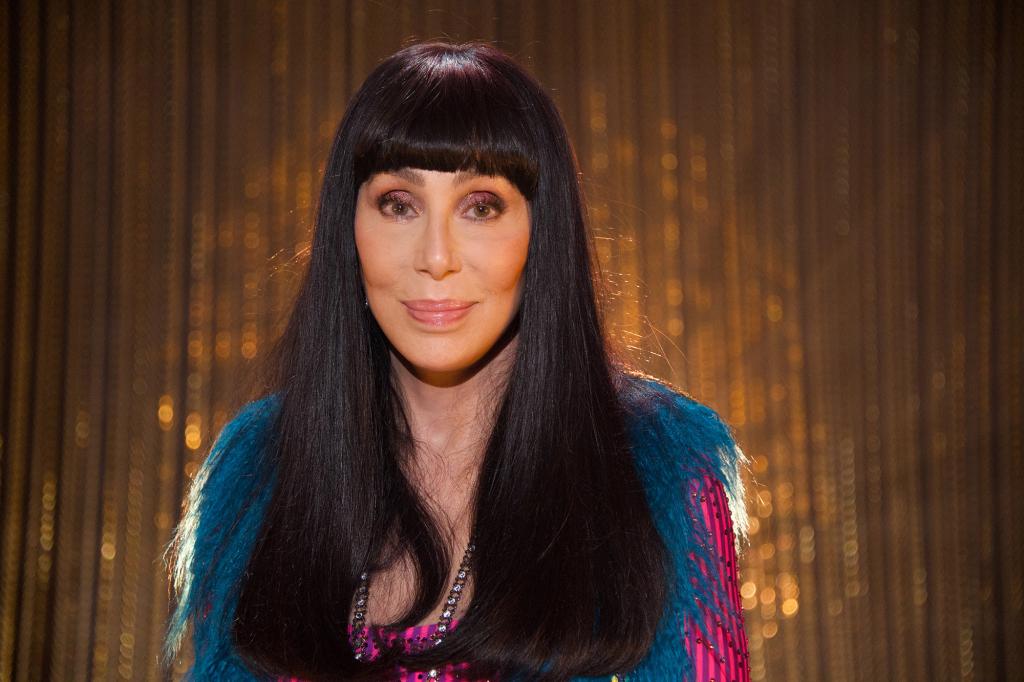 Cher with dark hair in front of a gold background.