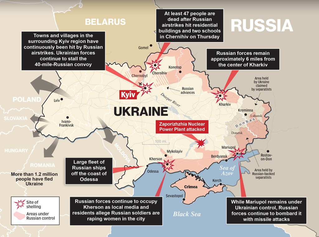 A map of Russian attacks in Ukraine as of Friday, March 4th, 2022.