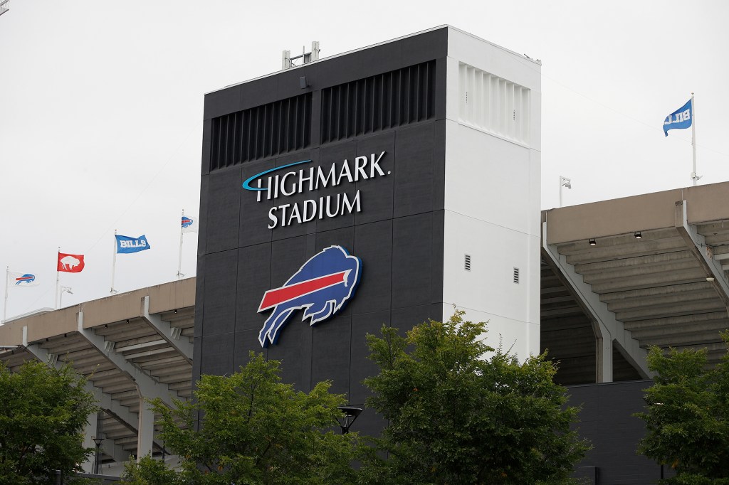 A general overall view of the exterior of Highmark Stadium as a detail view of the Bills and Highmark Stadium signage can be seen prior to an NFL football game between the Pittsburgh Steelers and Buffalo Bills, Sunday, Sept. 12, 2021, in Orchard Park, N.Y.