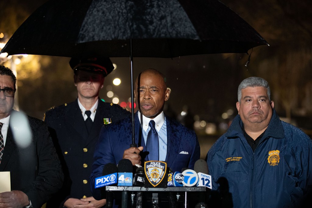 Mayor Eric Adams talks to the media at the scene of a shooting where a 12 year old  was shot and killed on Thursday, March 31, 2022,  on E 56 St. off Linden Blvd. in Brooklyn.